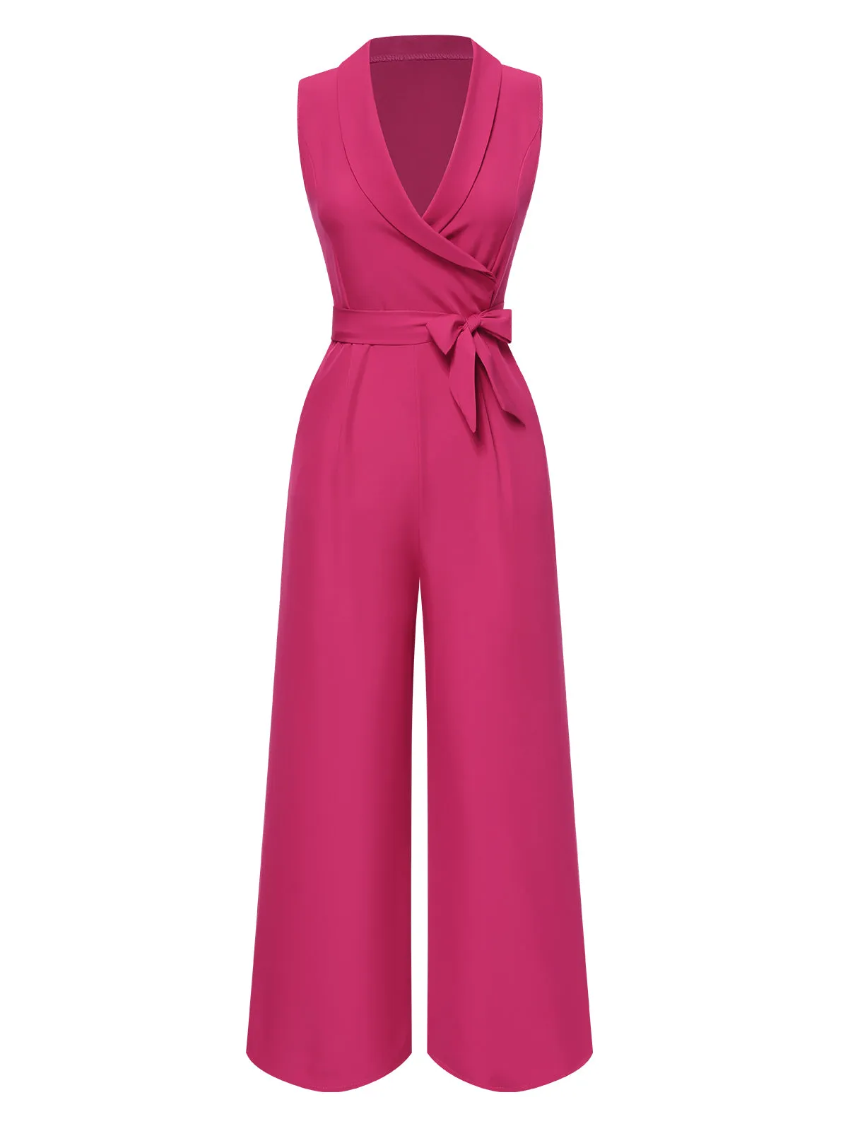 1930s V-Neck Solid Belted Sleeveless Jumpsuit