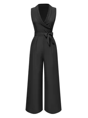 1930s V-Neck Solid Belted Sleeveless Jumpsuit