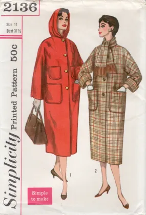 1950's Simplicity Long Coat with Hood and Attached Scarf - Bust 31.5" - No. 2136