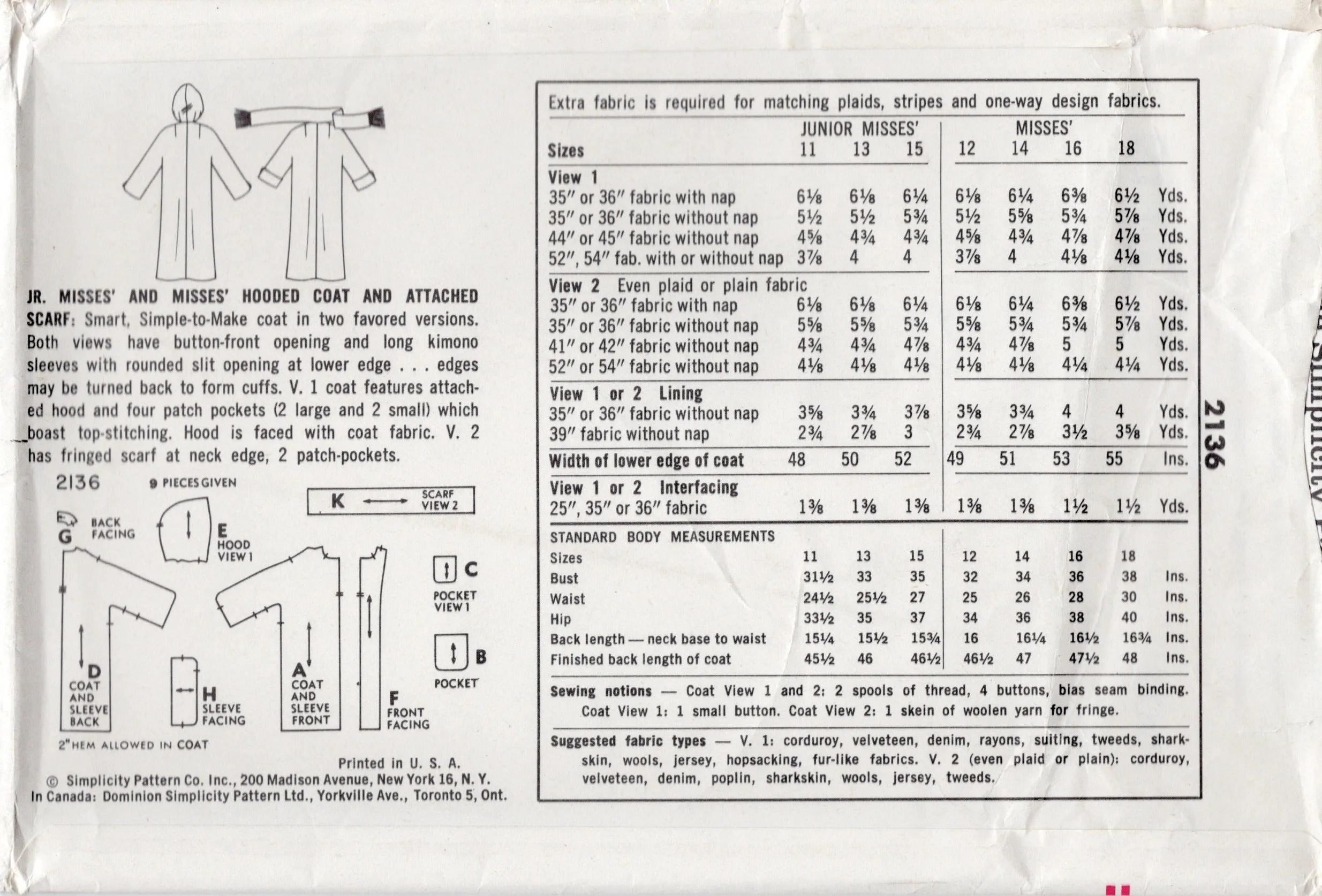 1950's Simplicity Long Coat with Hood and Attached Scarf - Bust 31.5" - No. 2136