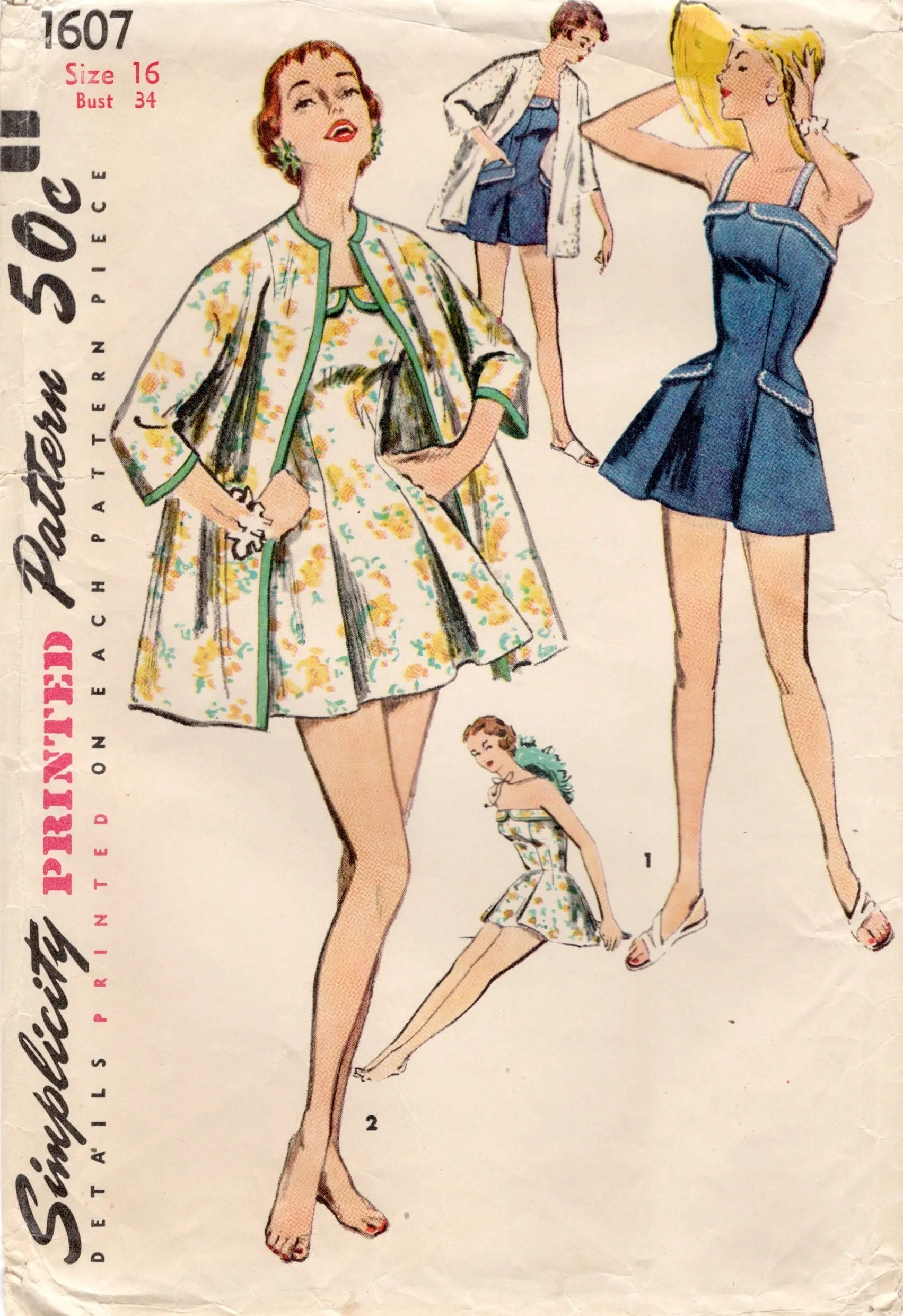 1950's Simplicity One Piece Princess Line Swimsuit with Beach Jacket Pattern - Bust 32" - No. 1607