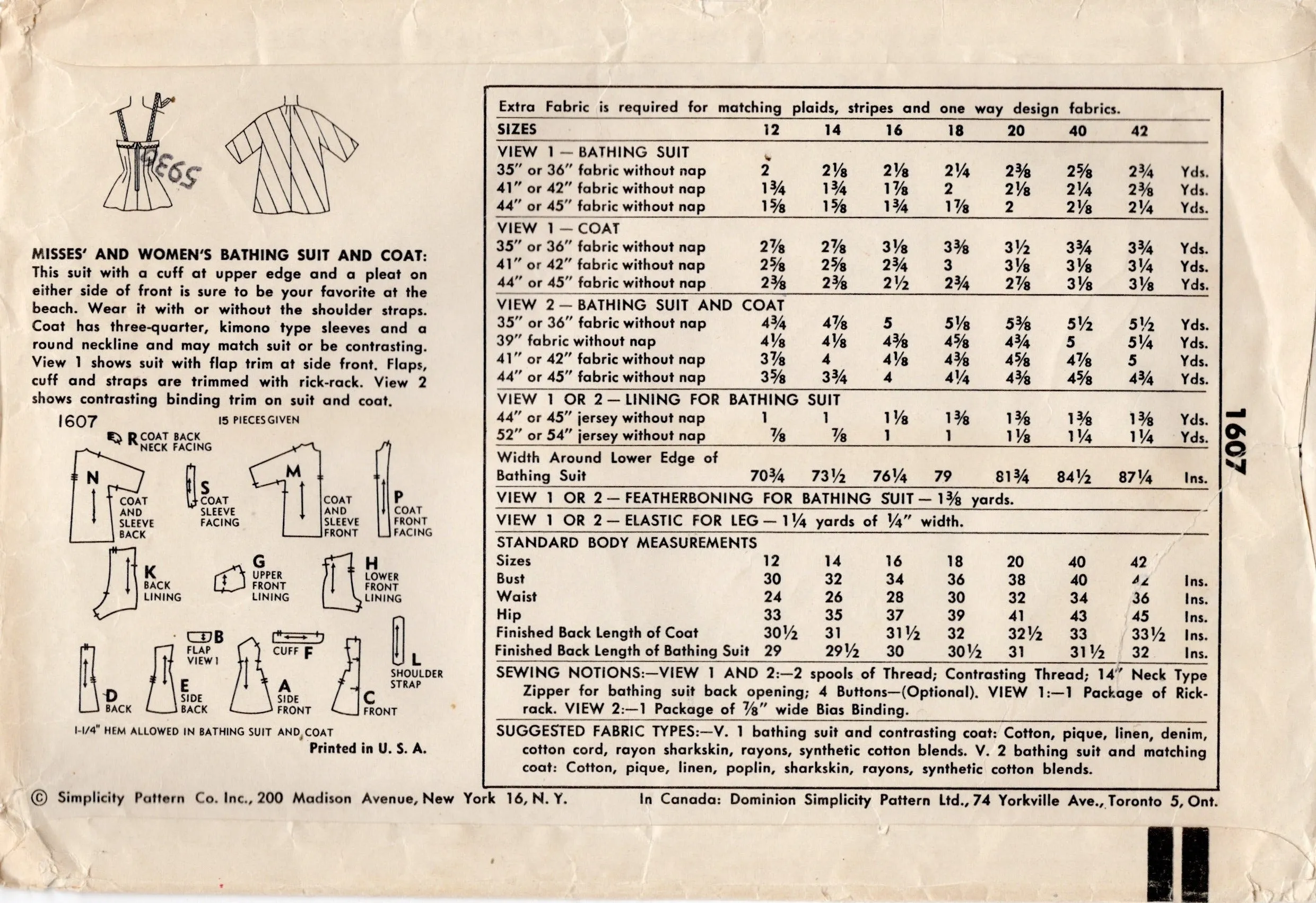 1950's Simplicity One Piece Princess Line Swimsuit with Beach Jacket Pattern - Bust 32" - No. 1607