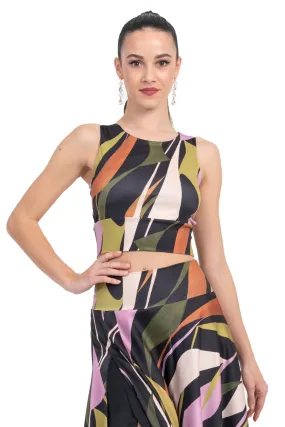 Abstract Print Sleeveless Crop Top With Side Cutouts