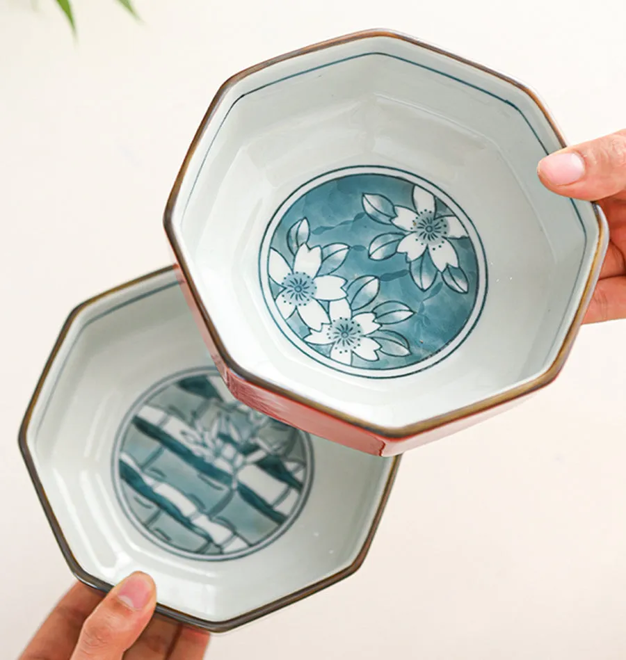 Ako Blue and Red Japanese Octagonal Serving Bowls