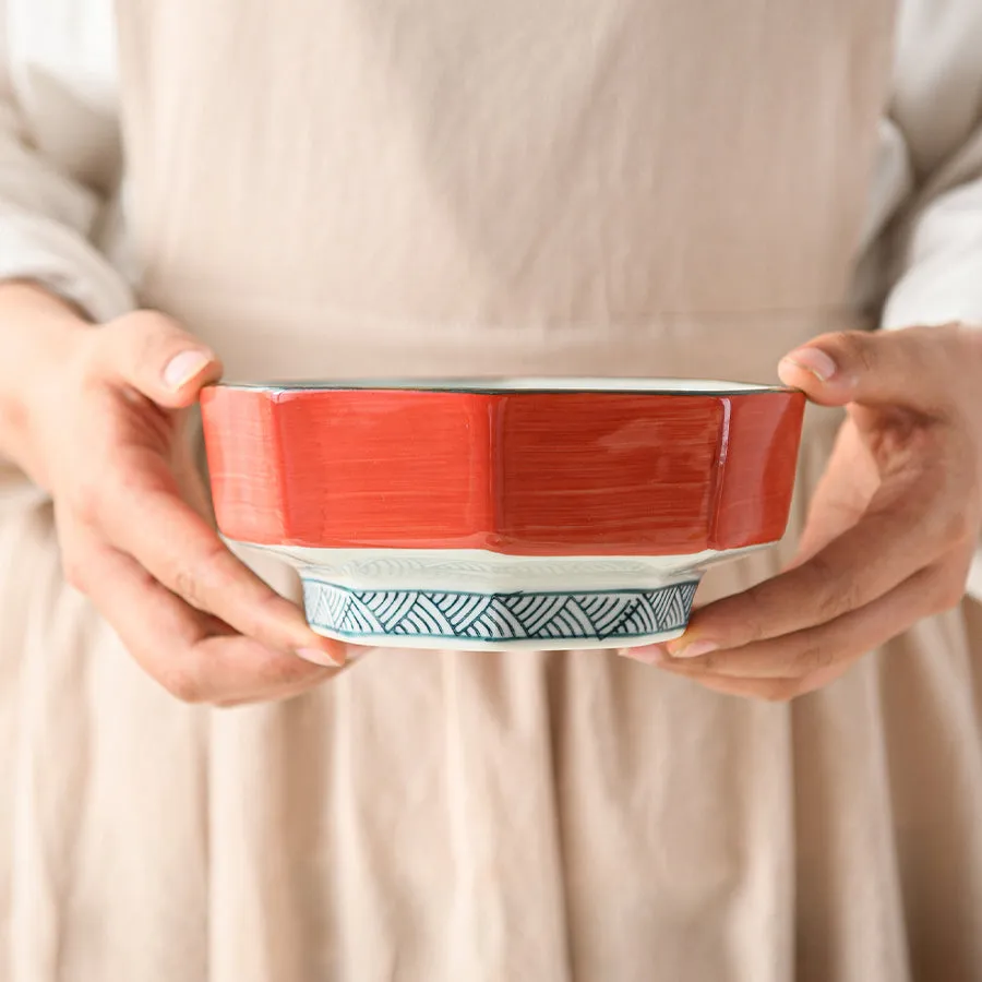 Ako Blue and Red Japanese Octagonal Serving Bowls