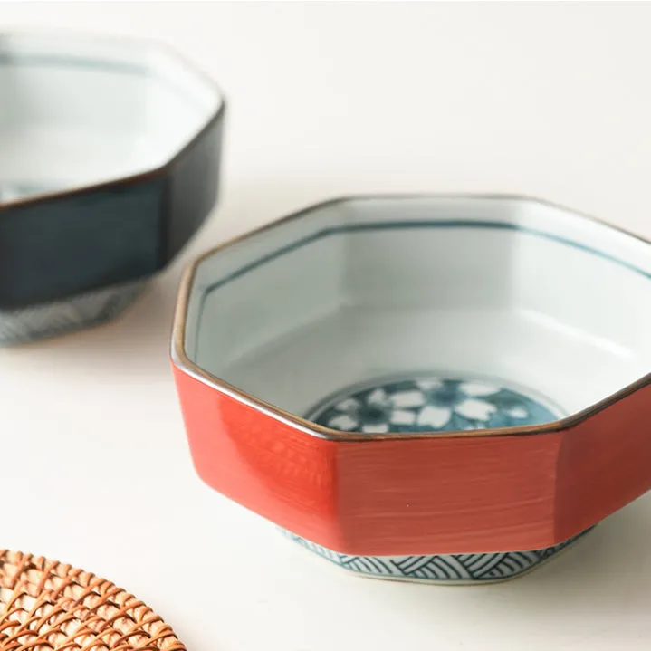 Ako Blue and Red Japanese Octagonal Serving Bowls