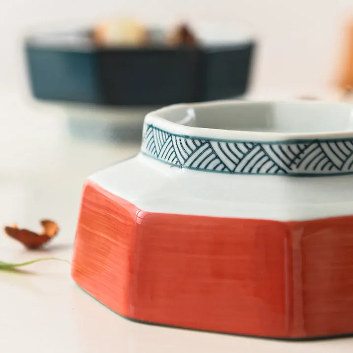 Ako Blue and Red Japanese Octagonal Serving Bowls