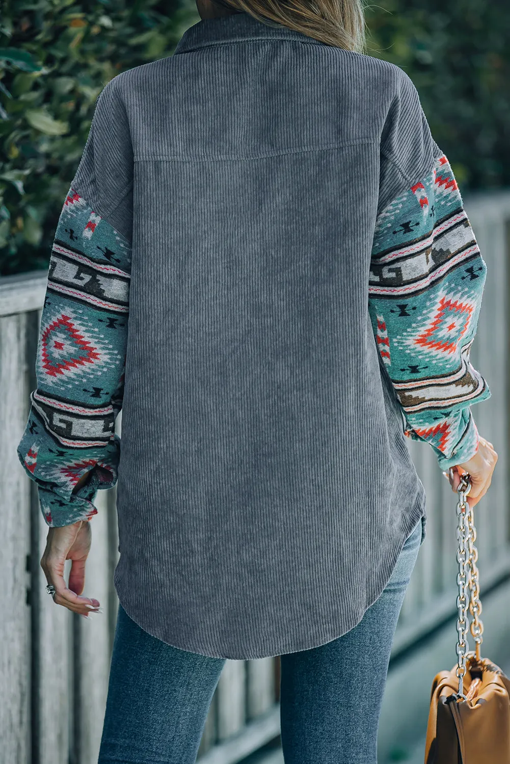 Aztec Pattern Sleeve Pocketed Gray Corduroy Shacket