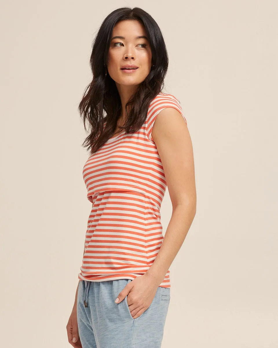 Bamboo Cap Sleeve Nursing Top - Coral Stripe