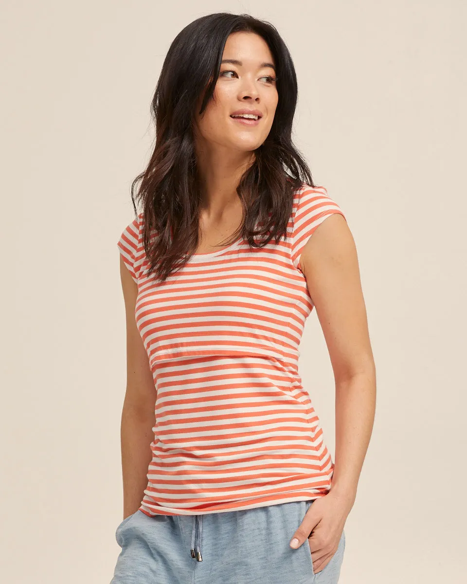 Bamboo Cap Sleeve Nursing Top - Coral Stripe