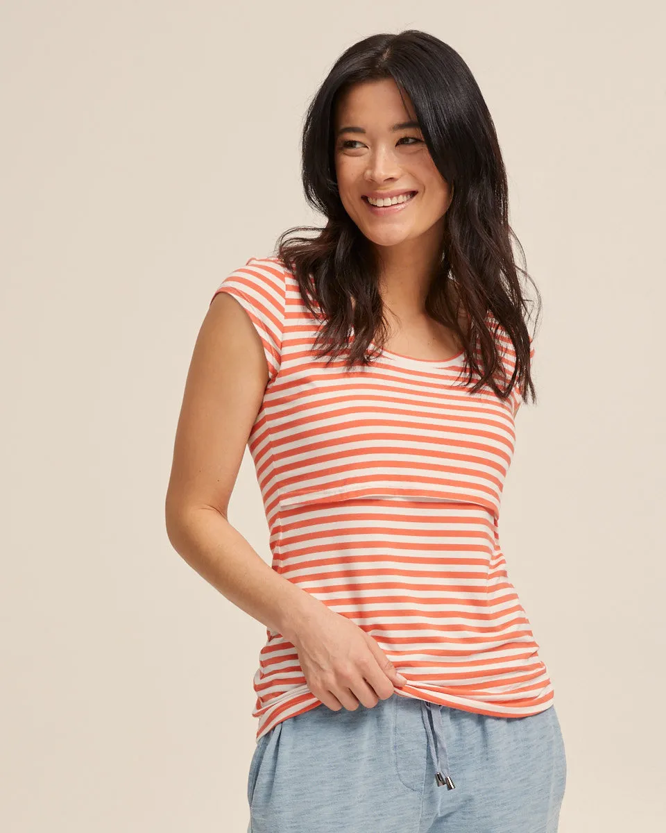 Bamboo Cap Sleeve Nursing Top - Coral Stripe