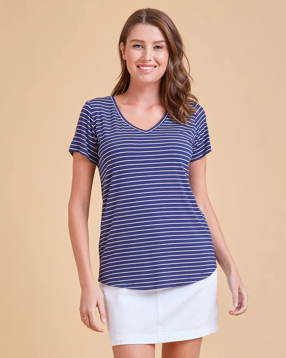 Bamboo V Neck Tee - Navy Stripe