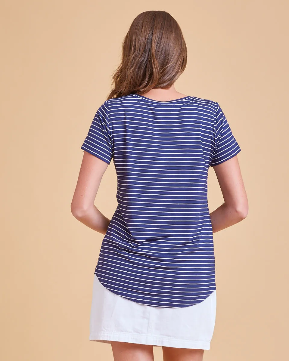 Bamboo V Neck Tee - Navy Stripe