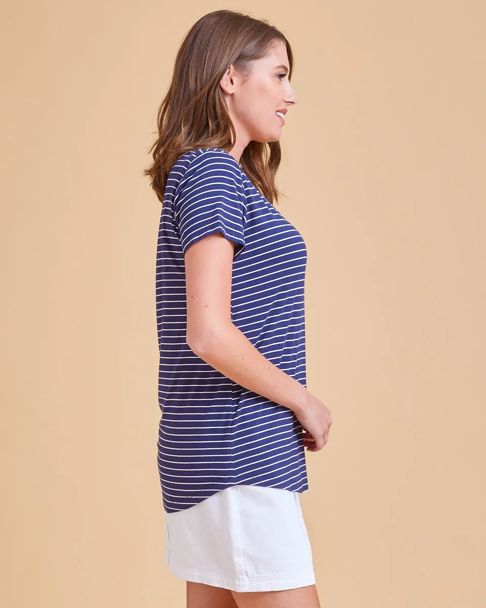 Bamboo V Neck Tee - Navy Stripe