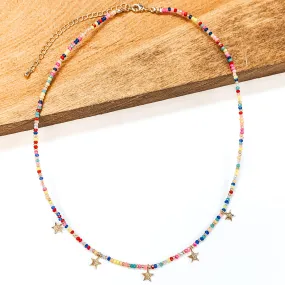 Beaded Necklace with Gold Star Charms in Neon Multi