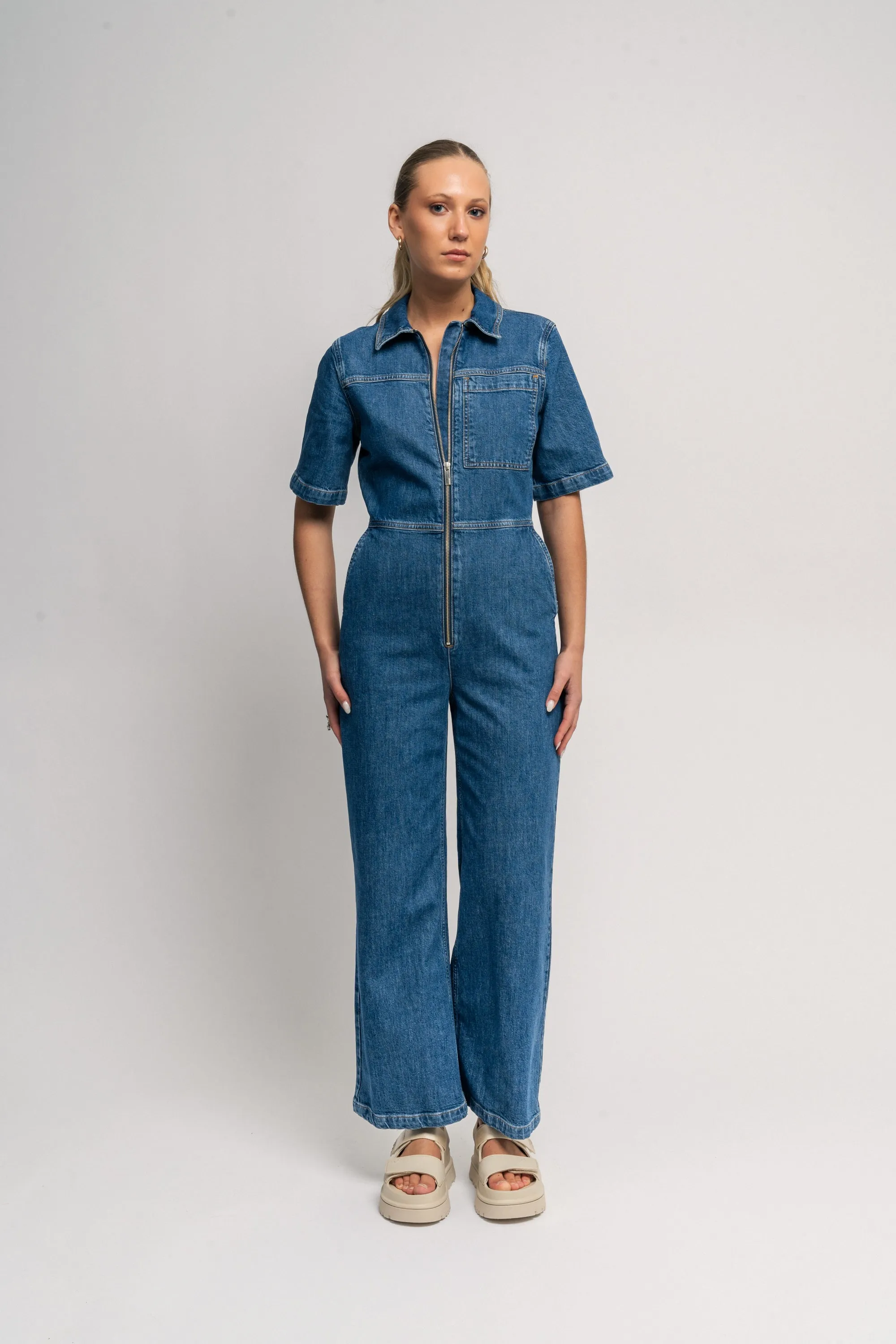 Bella 2/4 Marine Jumpsuit - Medium Blue Denim