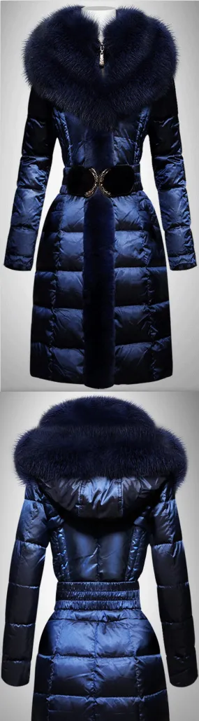 Belted Fox Fur Trim Puffer Coat