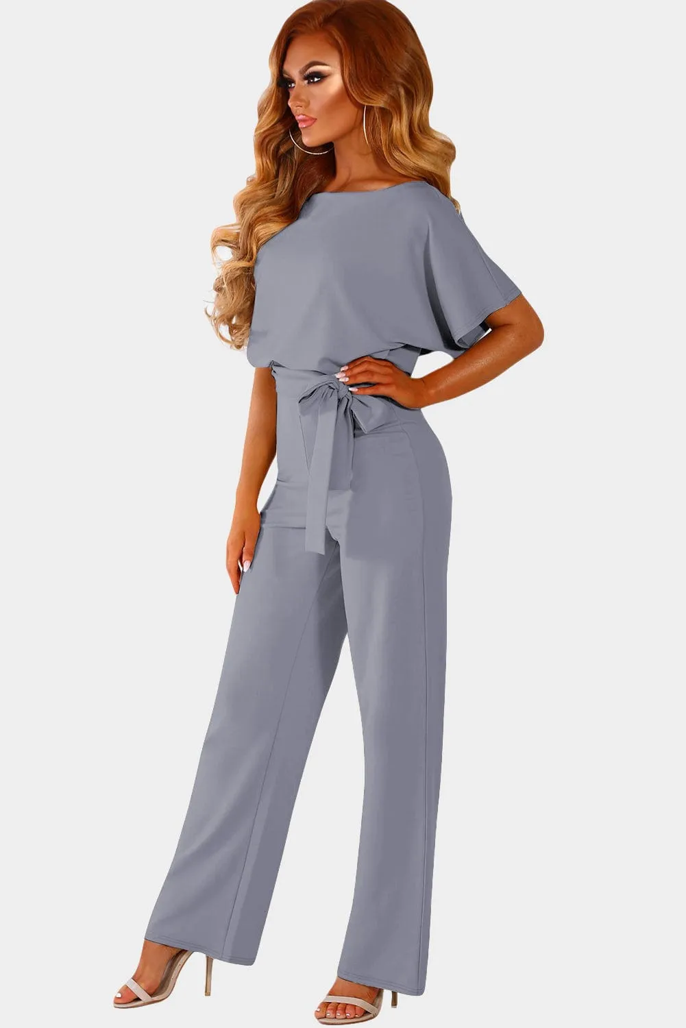 Belted Gray Wide-Leg Jumpsuit