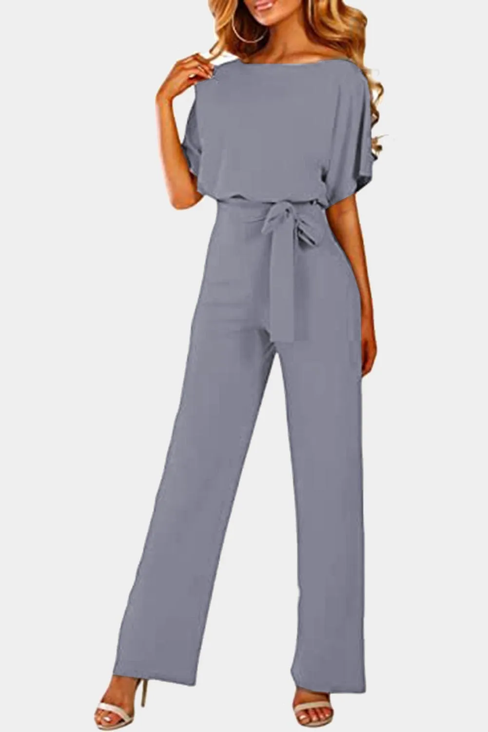 Belted Gray Wide-Leg Jumpsuit