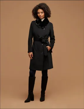 Belted Wrap Wool Coat With Fur Collar