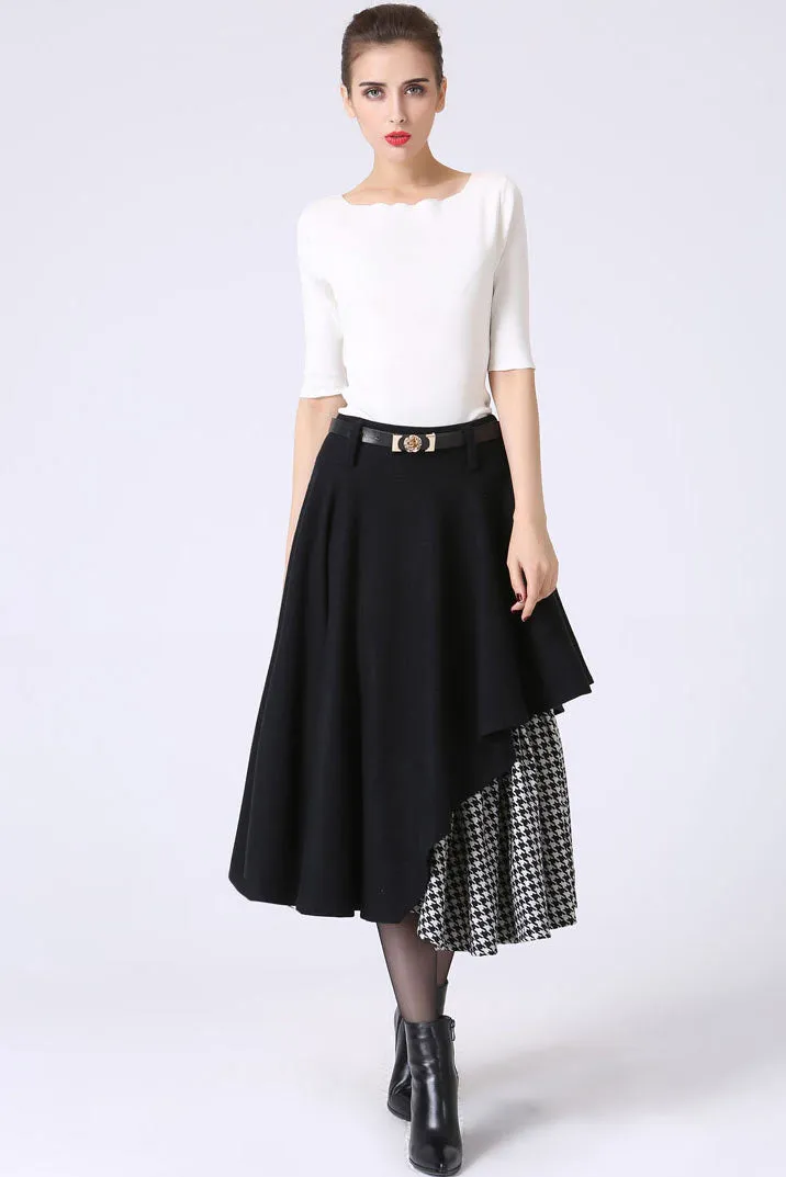 Black Layered wool skirt with Asymmetrical Hemline Skirt 1067#