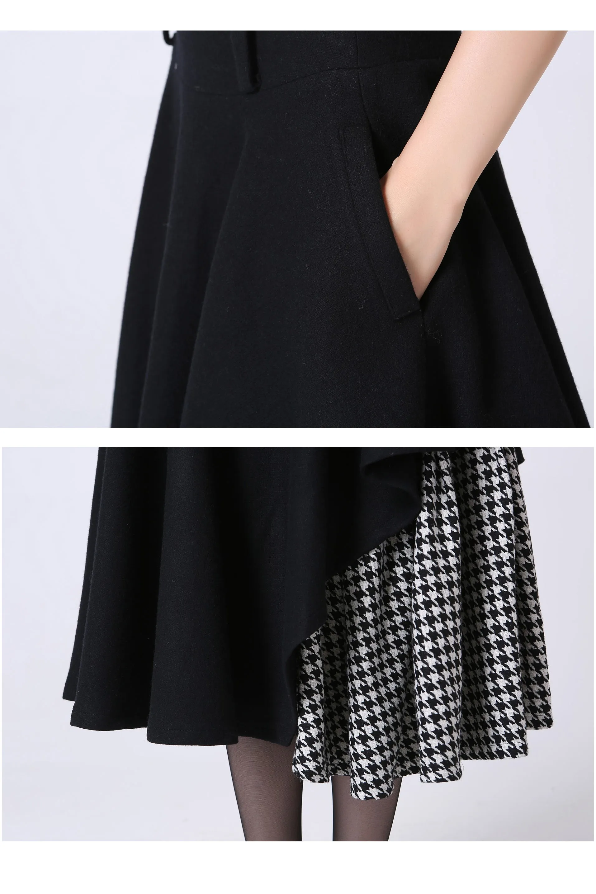 Black Layered wool skirt with Asymmetrical Hemline Skirt 1067#