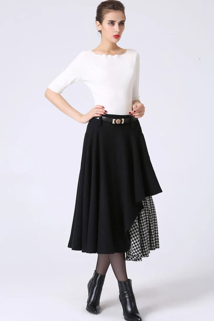 Black Layered wool skirt with Asymmetrical Hemline Skirt 1067#