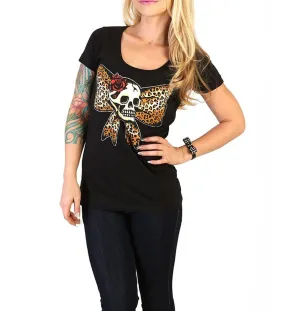 Black Lucky 13 Leopard Bow Skull Scoop Neckline T-shirt