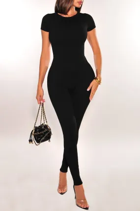 Black Ribbed Round Neck Short Sleeve Jumpsuit