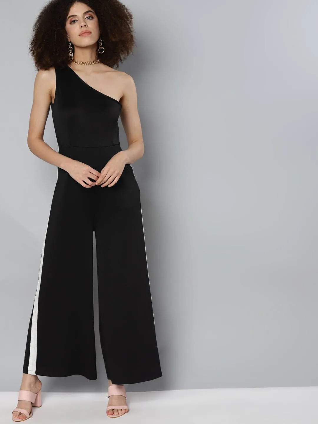 Black Scuba Tape Detail One Shoulder Jumpsuit