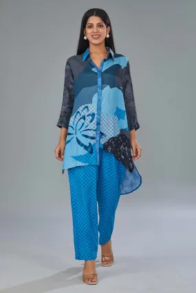 Blue Printed Asymmetric Tunic & Pant Set