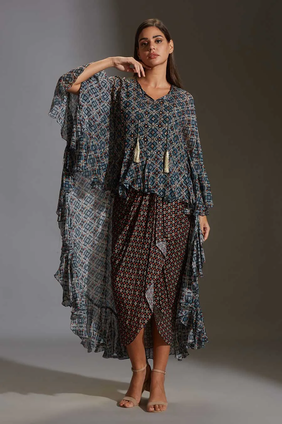 Blue Printed Drape Dress & Tunic Set