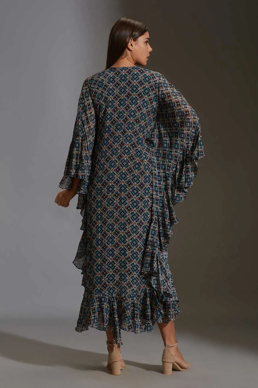 Blue Printed Drape Dress & Tunic Set