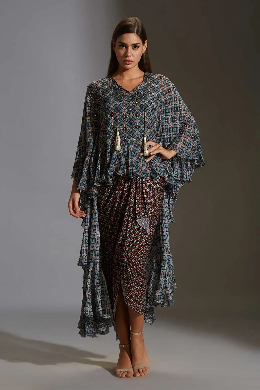 Blue Printed Drape Dress & Tunic Set