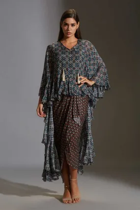 Blue Printed Drape Dress & Tunic Set