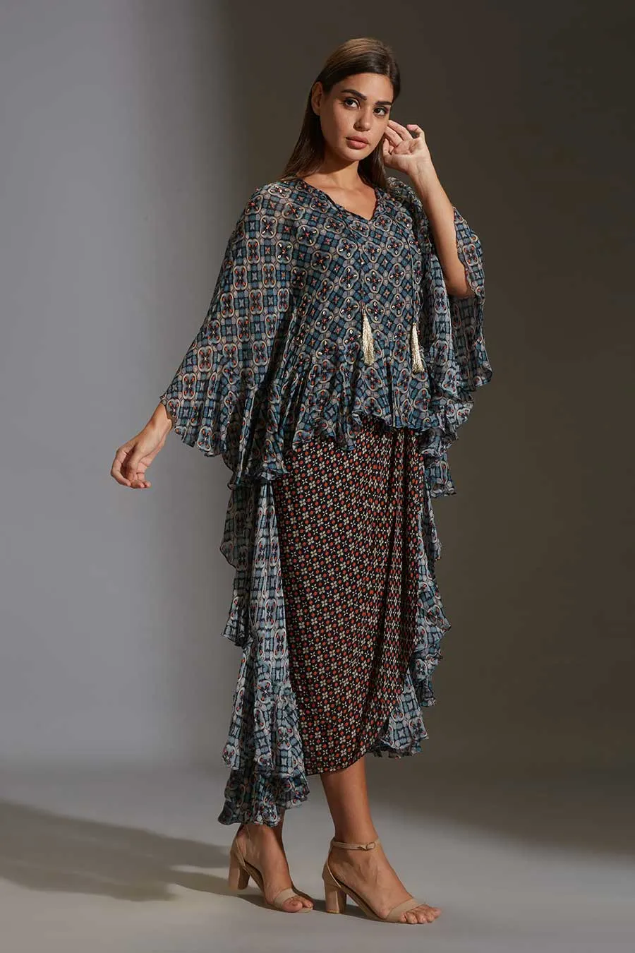 Blue Printed Drape Dress & Tunic Set