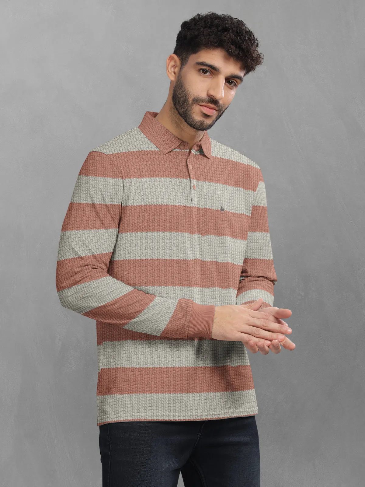 BULLMER Pink Striped Textured Printed Polo Neck FullSleeve T-shirt With Rib For Men