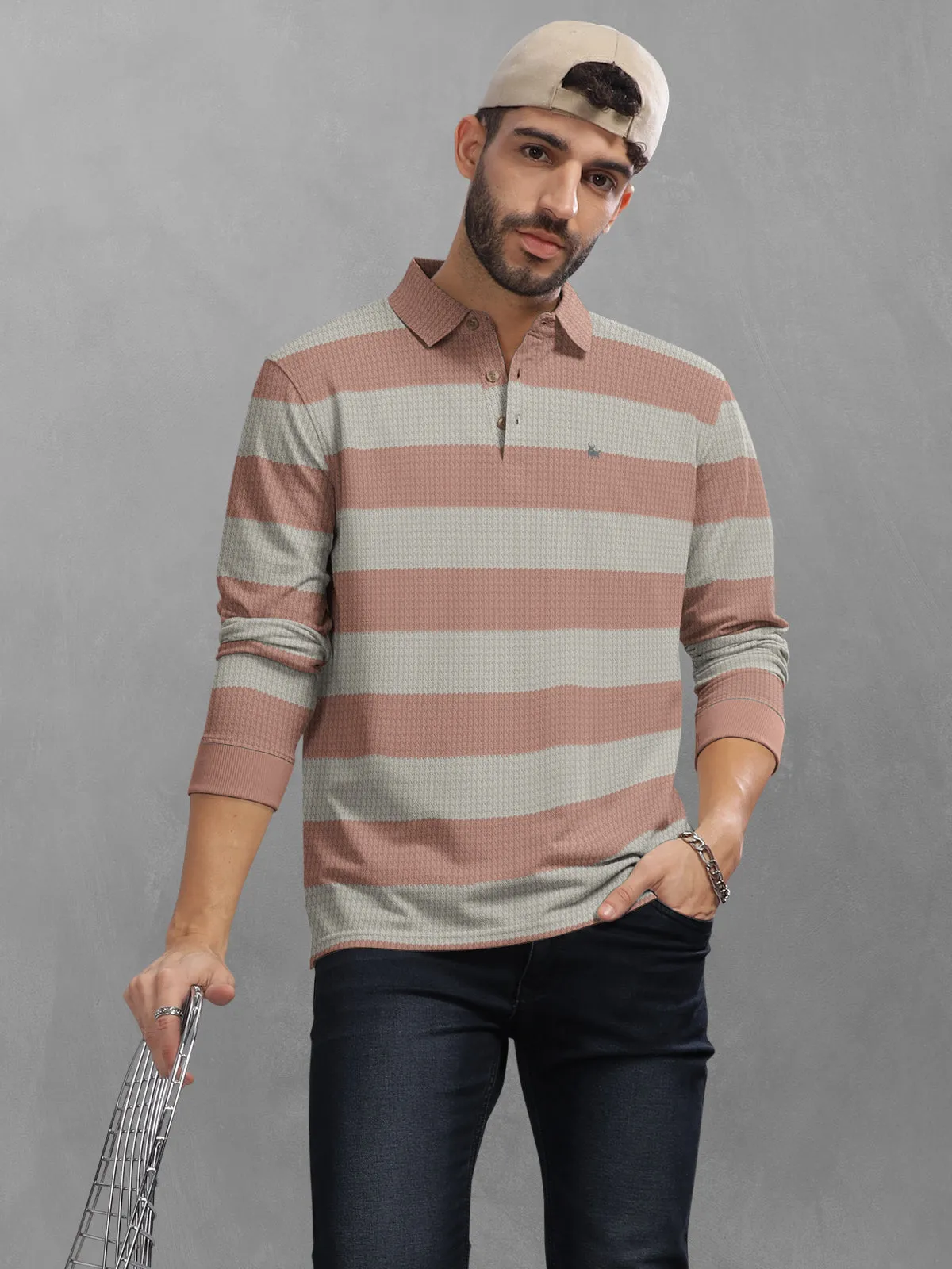 BULLMER Pink Striped Textured Printed Polo Neck FullSleeve T-shirt With Rib For Men