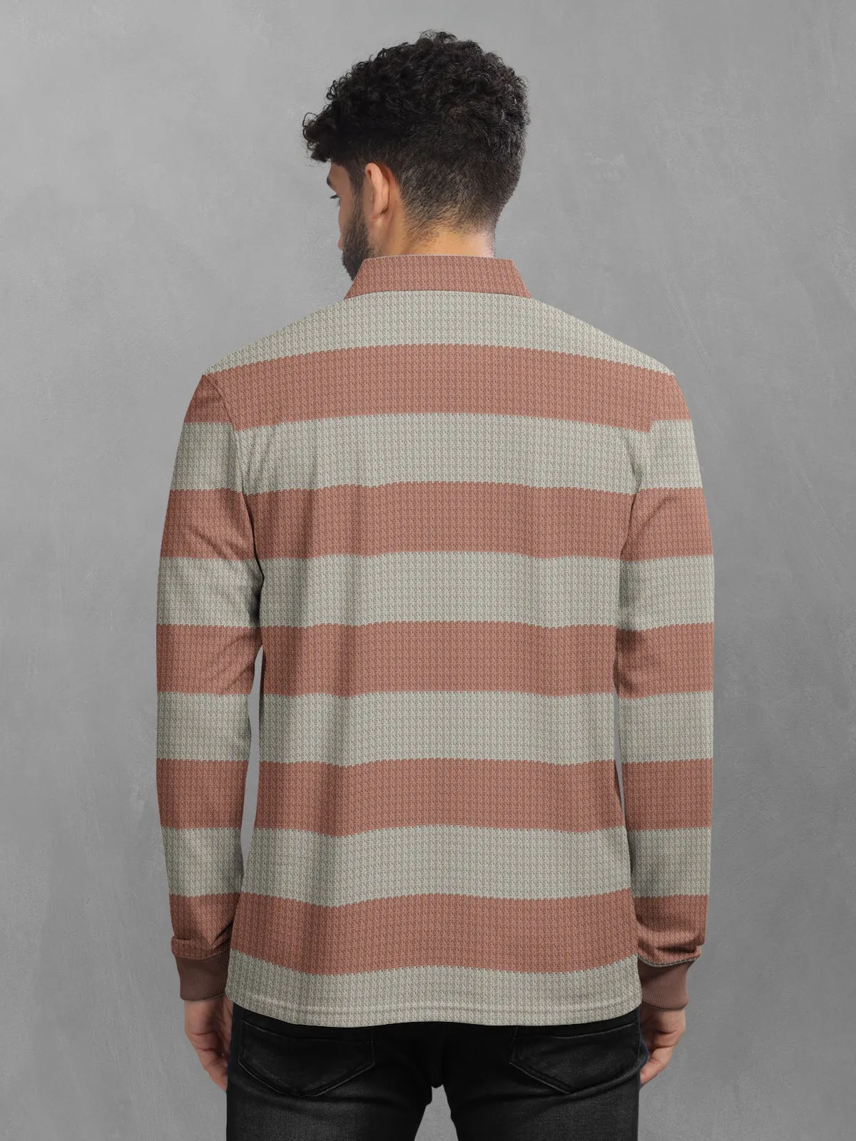 BULLMER Pink Striped Textured Printed Polo Neck FullSleeve T-shirt With Rib For Men