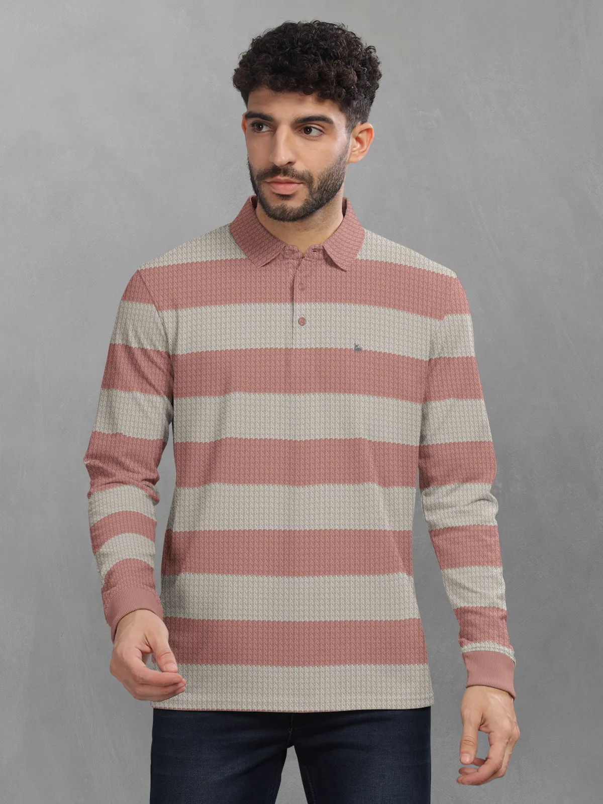 BULLMER Pink Striped Textured Printed Polo Neck FullSleeve T-shirt With Rib For Men