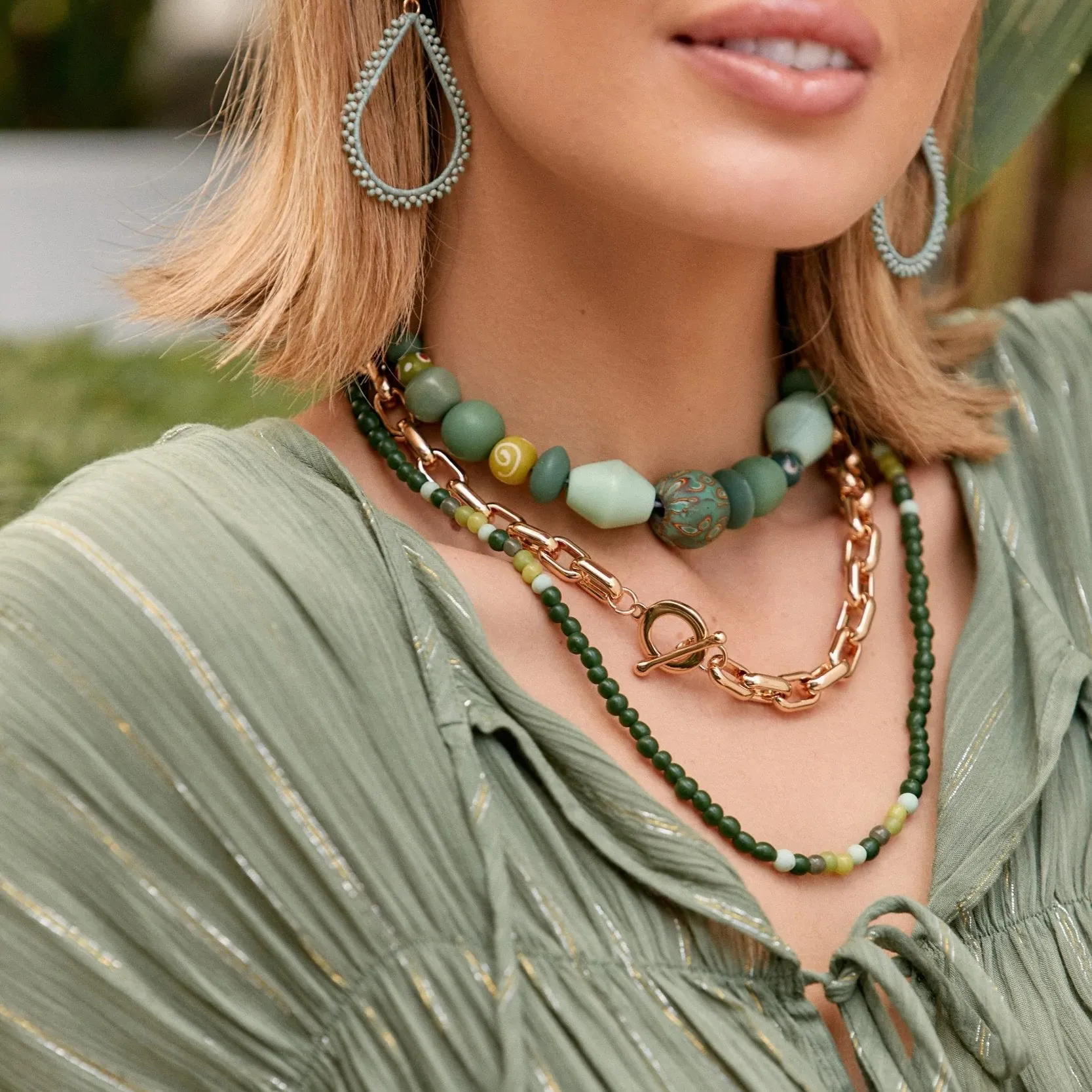 Burleigh Fine Bead Layering Necklace in Green Multi and Tan Multi