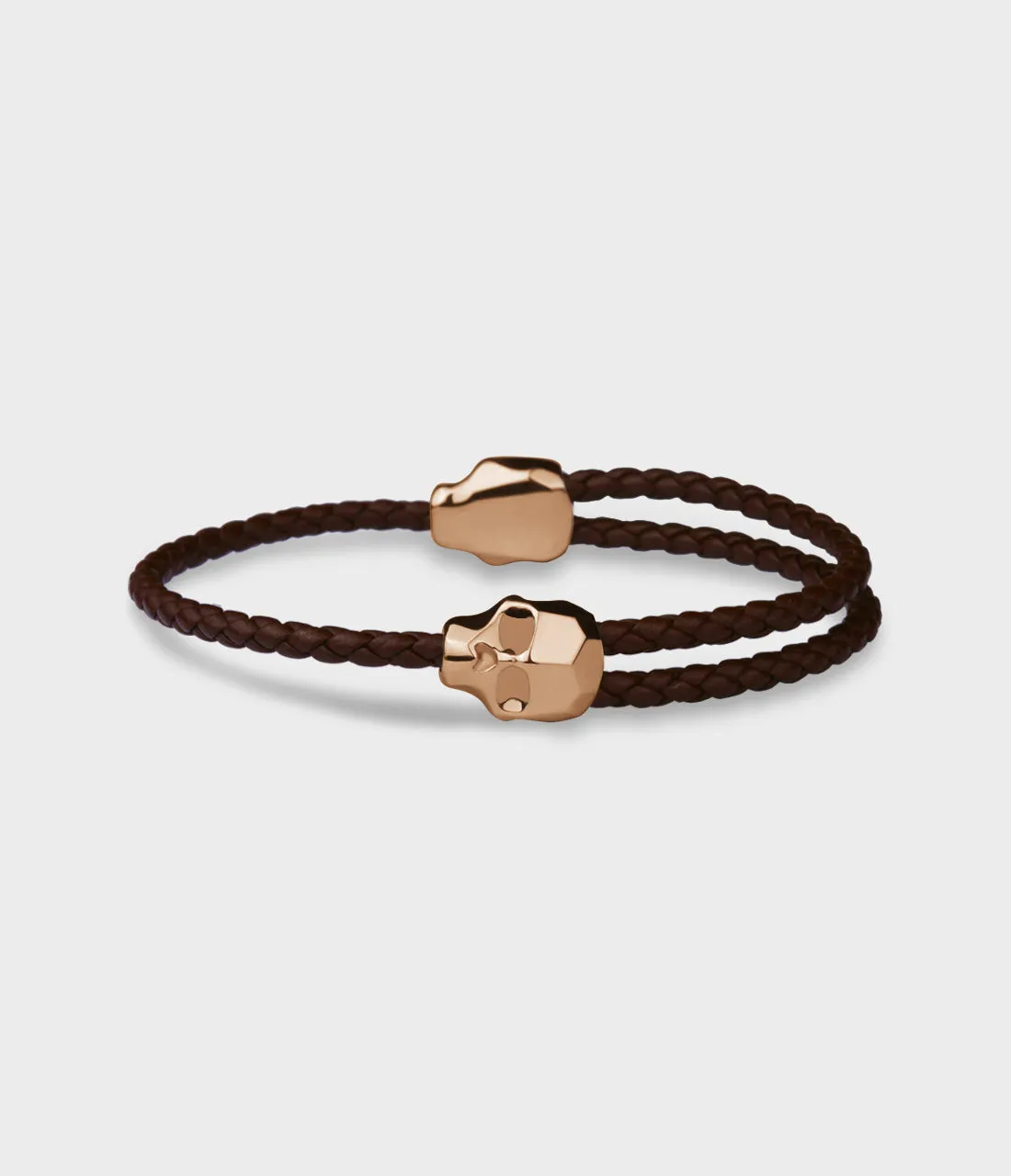 Carved Skull Adjustable Brown Woven Leather Bracelet in 9ct Rose Gold