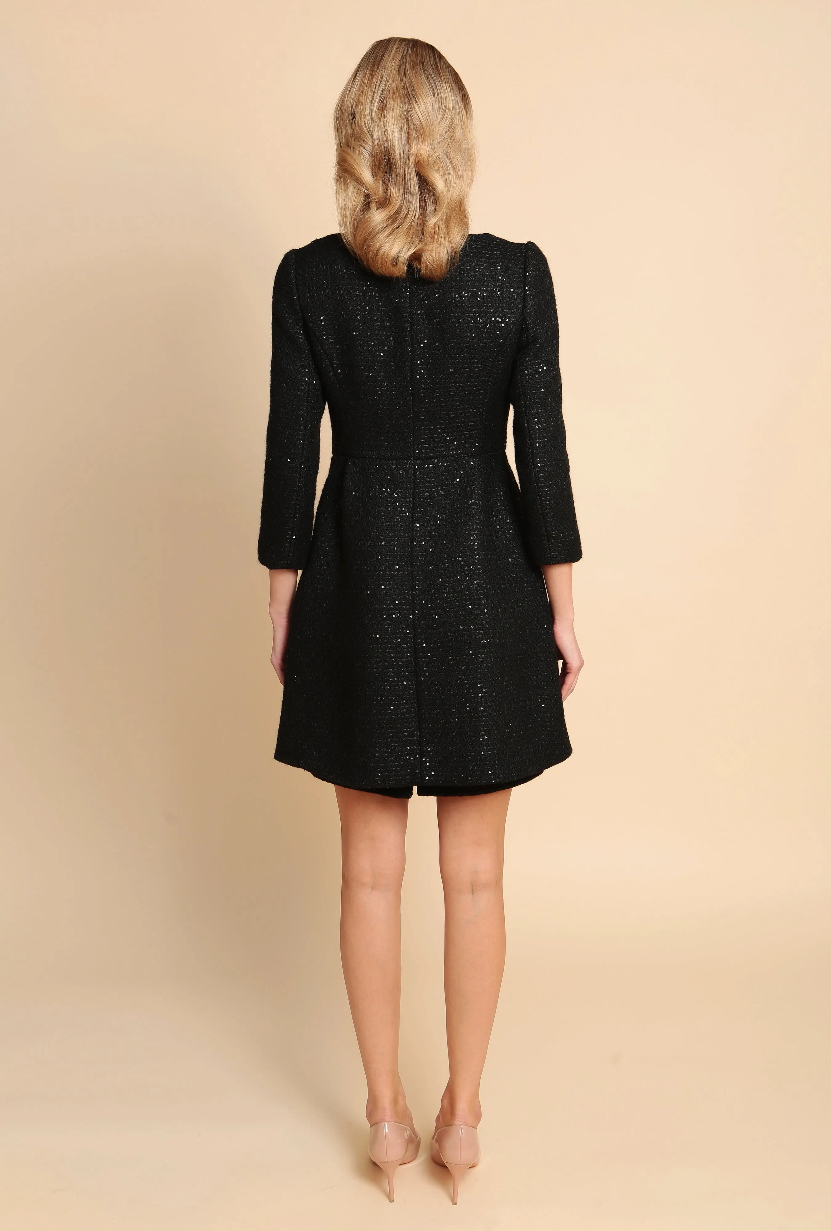 'Casablanca' Wool Tweed Dress Coat in Nero