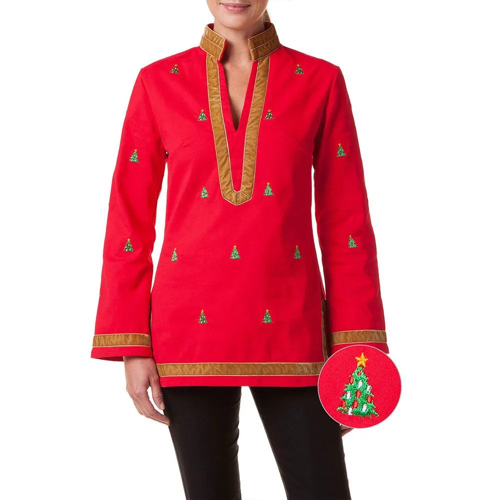 Castaway Tunic Top - Bright Red with Christmas Tree