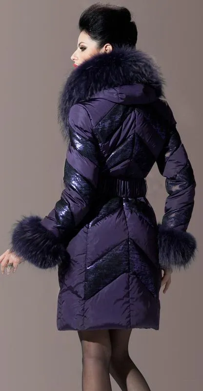 Chevron-Metallic-Paneled Fur-Trim Puffer Coat