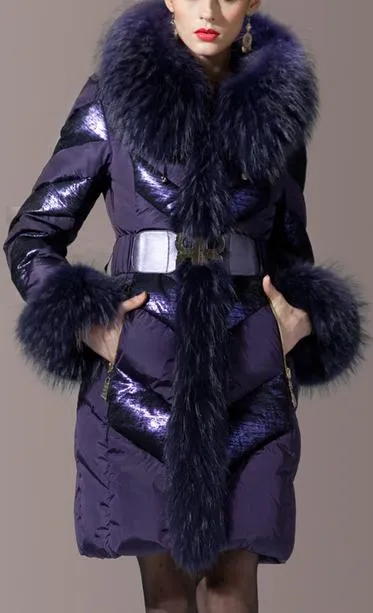 Chevron-Metallic-Paneled Fur-Trim Puffer Coat