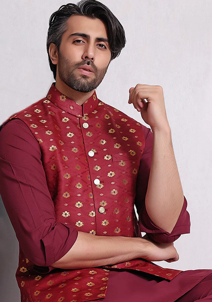 Classic Satin Jamawar Maroon Traditional Waistcoat