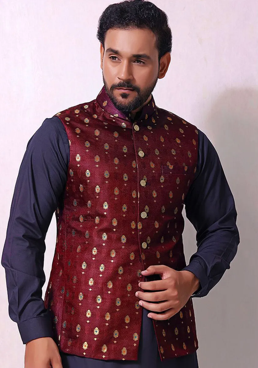 Classic Satin Jamawar Red Dahlia Traditional Waistcoat