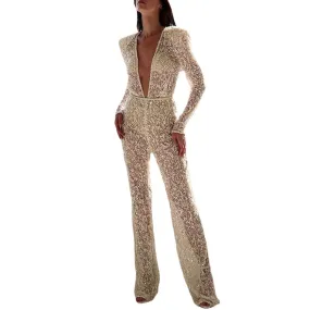 Comtesse Tania Jumpsuit Long Sleeved V Neck Bling Deluxe in Gold Size S, M, L, XL, XXL