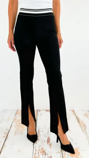 Contrast Band Front Slit Pants